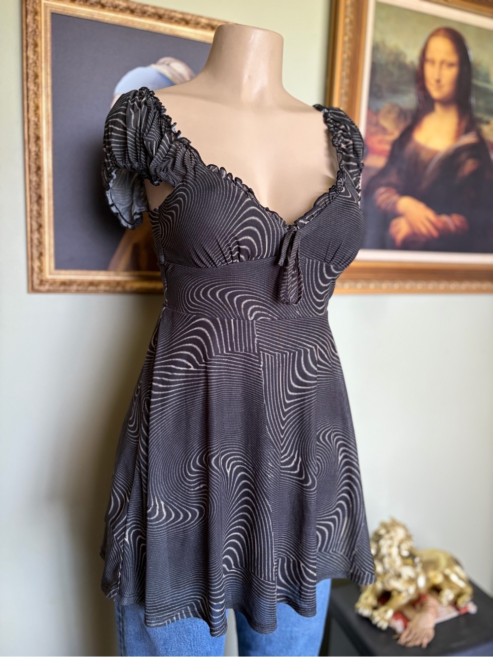 Urban Outfitters Audrey Black Mesh Ruffle Baby Doll Mini Dress Size XS Summer